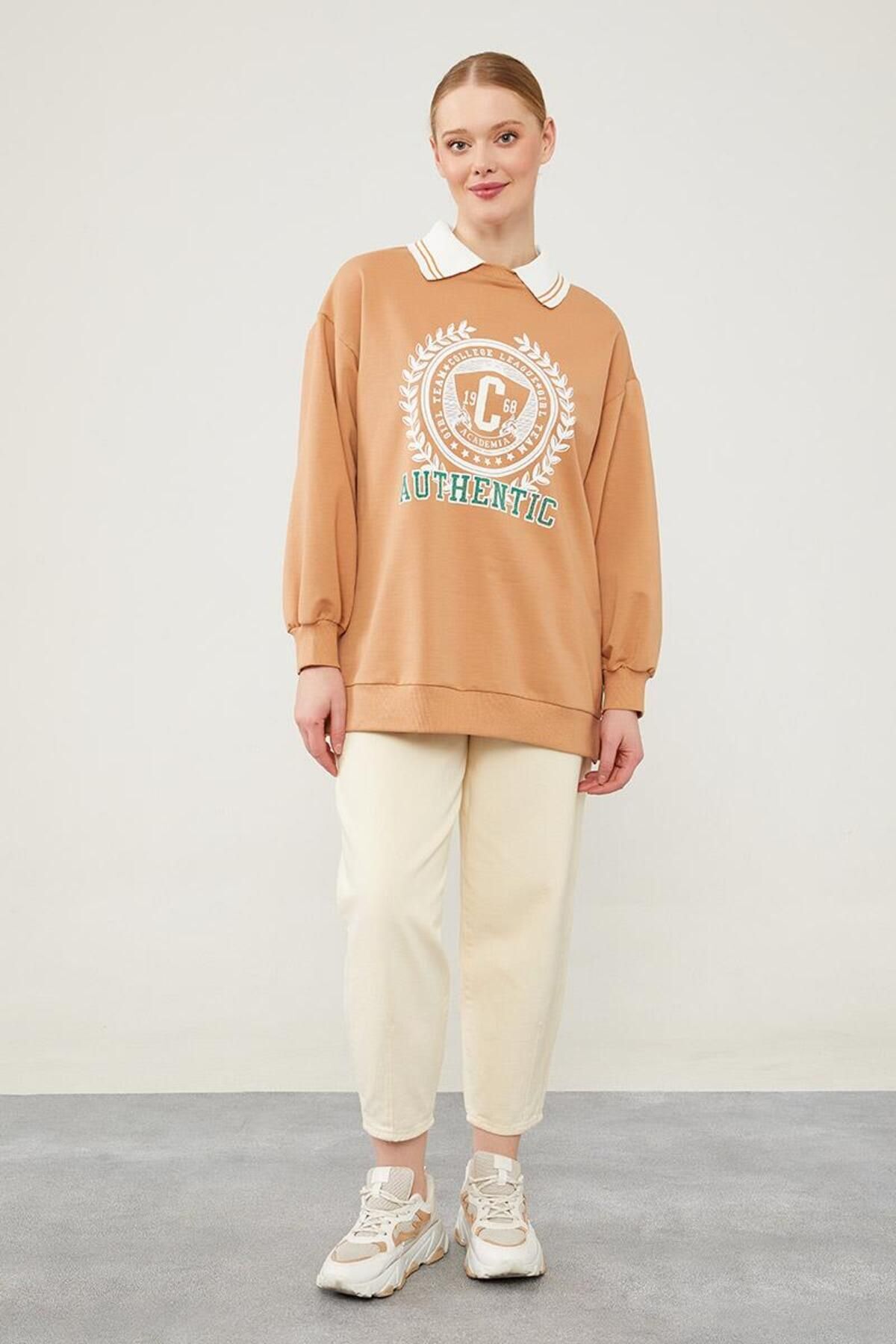 Camel Polo Yaka Arma Baskılı Sweatshirt Camel S/M